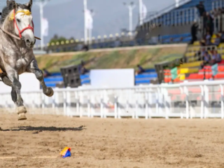 Tyiyn Enmei, un deporte tradicional kirgu&iacute;s que requiere un alto nivel de equitaci&oacute;n, equilibrio y precisi&oacute;n, se practica en el que los ciclistas deben inclinarse para agarrar el objeto del suelo sin reducir la velocidad